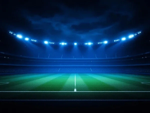 夜间足球场灯光照射下的比赛场景展示欧赔投注环境